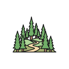 Obraz premium Cartoon forest with winding path and green pine trees