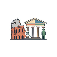 Fototapeta premium Colosseum, classical building, person, magnifying glass flat illustration