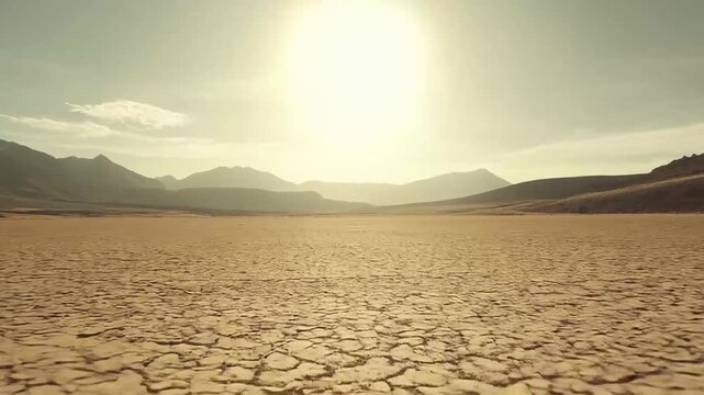Barren desert landscape stretching under a bright sun, showing drought afflicted earth and a vast, parched environment, symbolizing climate change and water scarcity