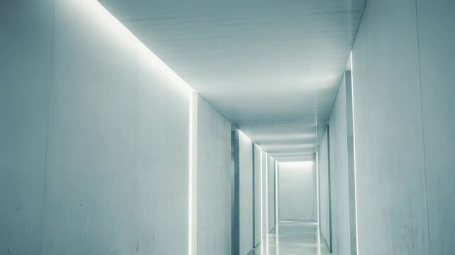 Minimalist concrete hallway extending into the distance, with bright ambient strip lighting creating reflections on the clean floor, conveying concepts of progress, future, and exploration