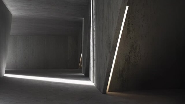 Brutalist concrete corridor with stark geometric forms and dramatic natural light, strong contrasts and deep shadows creating a minimalist, atmospheric interior with vanishing perspective