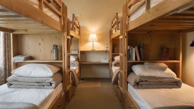 Medium shot of a cozy bunkhouse sleeping quarters with neatly arranged bunk beds and personal storage compartments softly blurred background creating a warm communal feel.