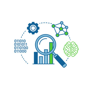 Data analysis and intelligence concept with magnifying glass and icons