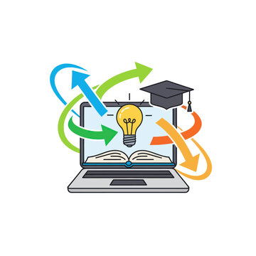 Digital learning process with laptop, book, idea, and graduation