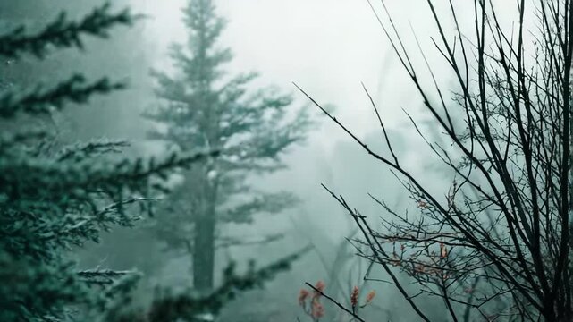 Juniper tree branches emerge from a deep forest, covered in frost, creating a cold and wild atmosphere perfect for themes of nature, environment, and wilderness