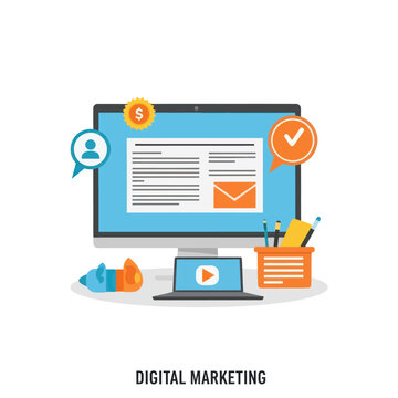 Digital marketing elements on desktop computer and laptop.