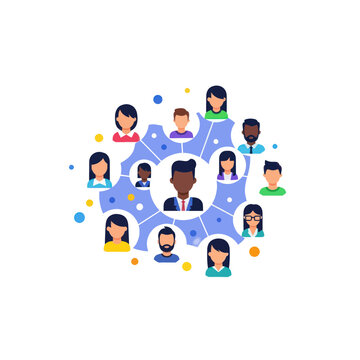 Diverse business team network with central leader on white background
