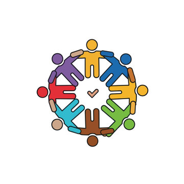Diverse colorful people forming a united circle with checkmark