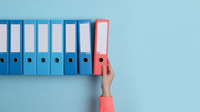 A hand reaches for a red file folder among a row of blue binders.