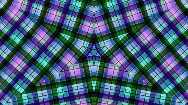 Colorful Symmetrical Plaid Pattern in Kaleidoscopic Motion.
