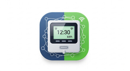 Smart home energy meter with digital display and wifi connectivity on a blue and green background