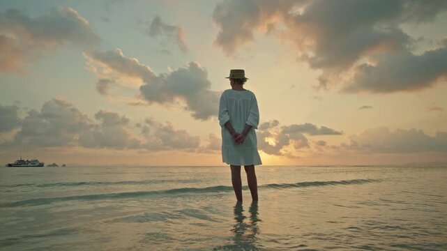 Young woman standing barefoot in shallow sea at sunset and sunrise on Lipa Noi beach, Koh Samui, peaceful tropical travel moment with dramatic clouds and wide copy space