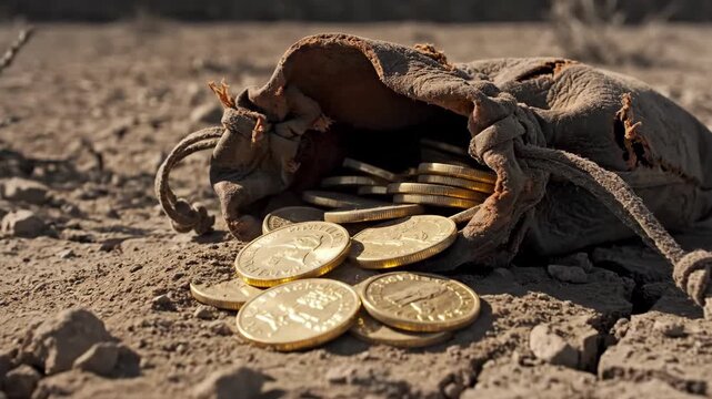 Leather Pouch Spilling Gold Coins On Barren Cracked Ground, Abandoned Hoard In Wasteland Setting, Coins Scattered Near Dried Twigs, Cinematic Low Sun Casting Long Shadows, Mood Secretive Ominous.