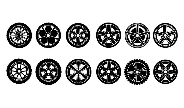 Title:
Flat car wheel and auto tire icon set with rim and disc designs isolated on white background vector illustration
