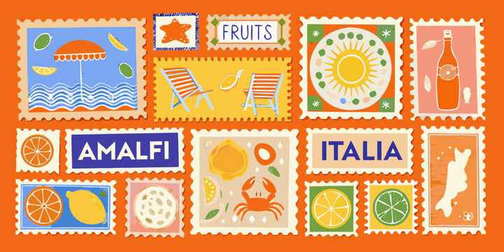 Colorful postcard collection featuring italian summer themes and citrus fruits
