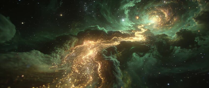 Surreal space rift golden river nebula emerald gas swirl cosmic light flow mystical star nursery fantasy galaxy swirling star dust dreamlike portal transformation celestial glow abstract background