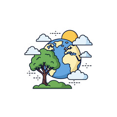 Fototapeta premium Earth globe with green tree, sun, and clouds illustration