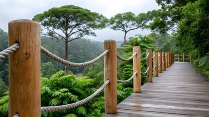 Obraz premium Wooden boardwalk railing winding through lush forest