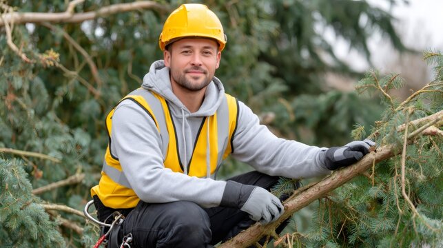 Arborist climbing tree for pruning work outdoors