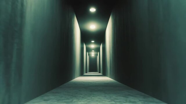 Long concrete corridor with textured walls leading to a bright, foggy light at the end, evoking mystery, solitude and a hopeful journey toward an uncertain destination