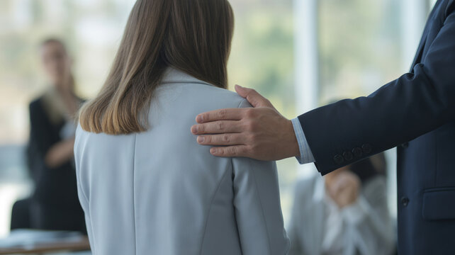 A supportive man comforts a woman offering reassurance with a hand on her shoulder.