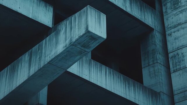 Brutalist architecture featuring strong geometric forms and raw concrete surfaces, creating a complex urban pattern with abstract lines and textured elements