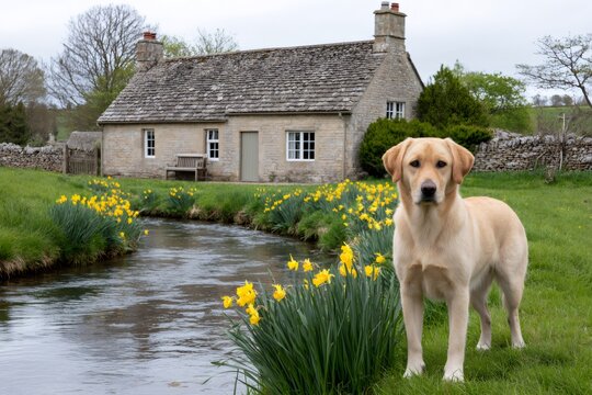 Yellow Labrador standing by River Windrush and daffodils
