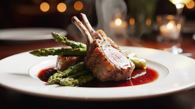 Refined Lamb Dish With Garden Vegetables. Sumptuous Lamb Plate Accompanied By Fresh Asparagus And Red Sauce. Luxurious Lamb Cutlet Served With Green Stalks And Deep Red Gravy In Intimate Setting.