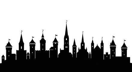 Fototapeta premium Black Silhouette of a Medieval Castle Skyline Against White Background