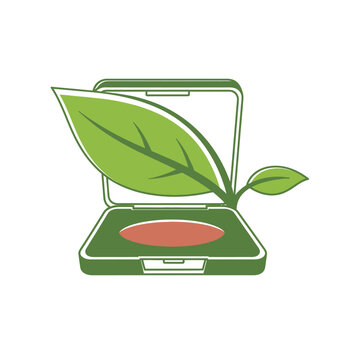 Green leaf in open compact case with natural makeup
