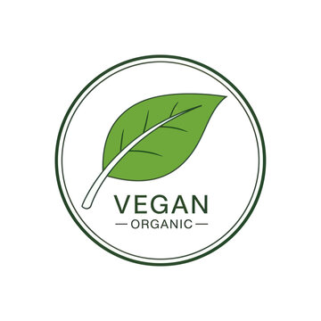 Green leaf vegan organic certified product label icon.