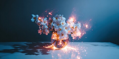 White flowers in glass vase with glowing orange sparks on marble table surface for spring marketing background and minimal aesthetic floral template with copy space