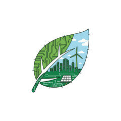 Obraz premium Green tech leaf with sustainable city, circuit board, renewable energy