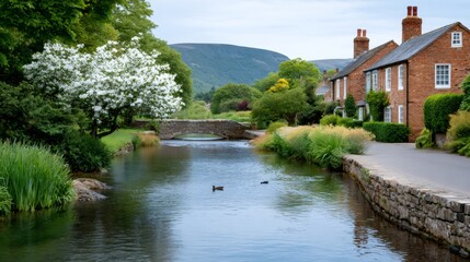 Obraz premium English village river with blooming tree and stone bridge