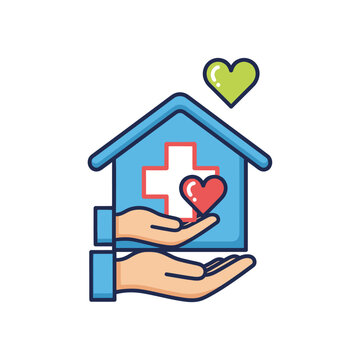 Hands holding a house with medical cross and hearts of care