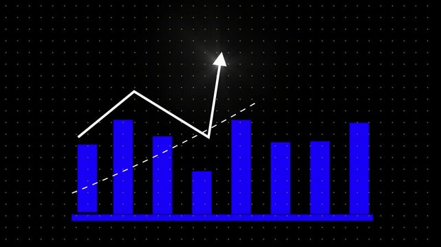 Business data analysis graph with decreasing trend line and blue bars on black background with orange dots