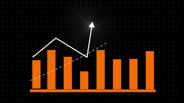 Business data analysis graph with decreasing trend line and orange bars on black background with dots