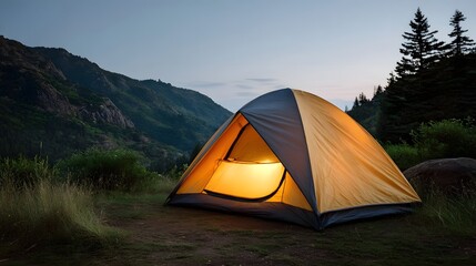 A brightly lit camping tent glows warmly in a tranquil mountain landscape at twilight