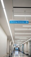 Modern Hospital Corridor with Radiology Direction Signage, Leading to Examination Rooms