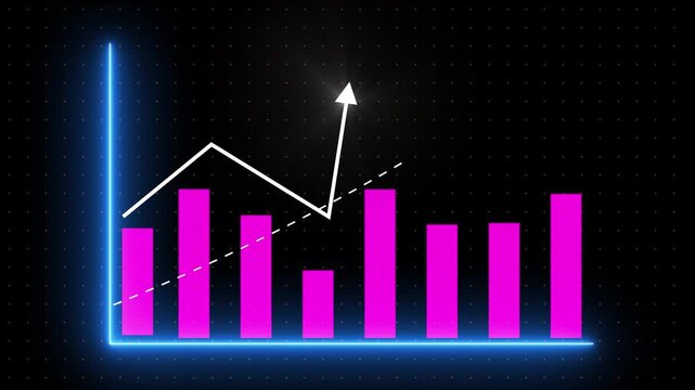 Neon Lit Bar Graph with Decreasing Trend Line on Black Background with Dots Business Finance Data Visualization