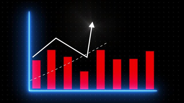 Decreasing Business Graph with Red Bars and Downward Trend Arrow on Black Background with Blue Neon Outline