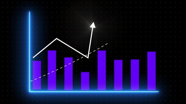 Decreasing Bar Graph with Glowing Blue Outline and Downward Trend Arrow on Black Background with Orange Dots Business Finance Data Visualization