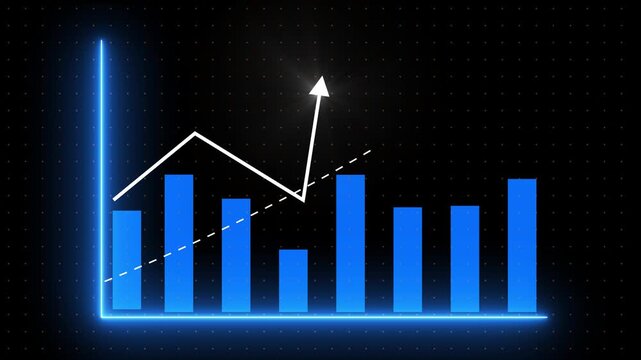 Business Data Analysis Declining Trend Graph with Blue Bars and White Arrow on Black Background with Orange Dots