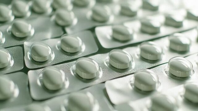White oval pills filling several blister packs, creating a repetitive pattern and representing medication, healthcare, pharmacology, and pharmaceutical products for health and wellness