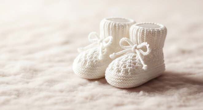 Soft Knitted White Baby Booties with Bows on a Cozy Background