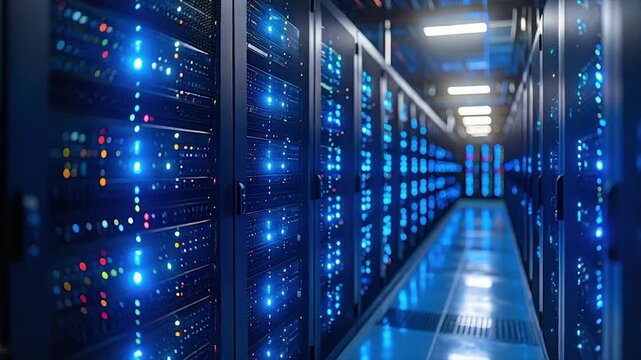 A data center corridor illuminated by blue lights, rows of servers fill both sides