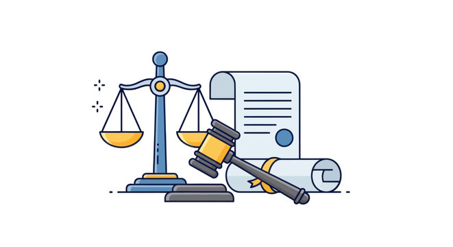 Justice scales, gavel, and law document flat illustration