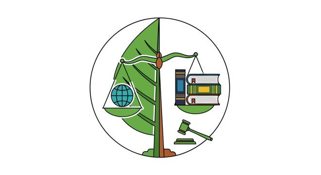 Justice scale balancing globe and books on a leaf with gavel