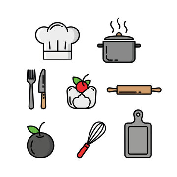 Kitchen cooking and baking utensils and food icons set