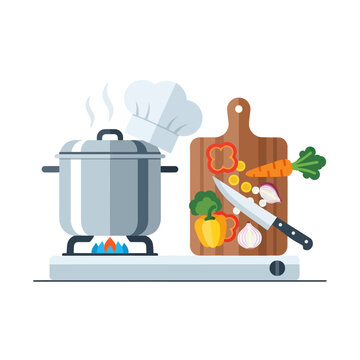 Kitchen cooking scene with pot, vegetables, knife and chef hat